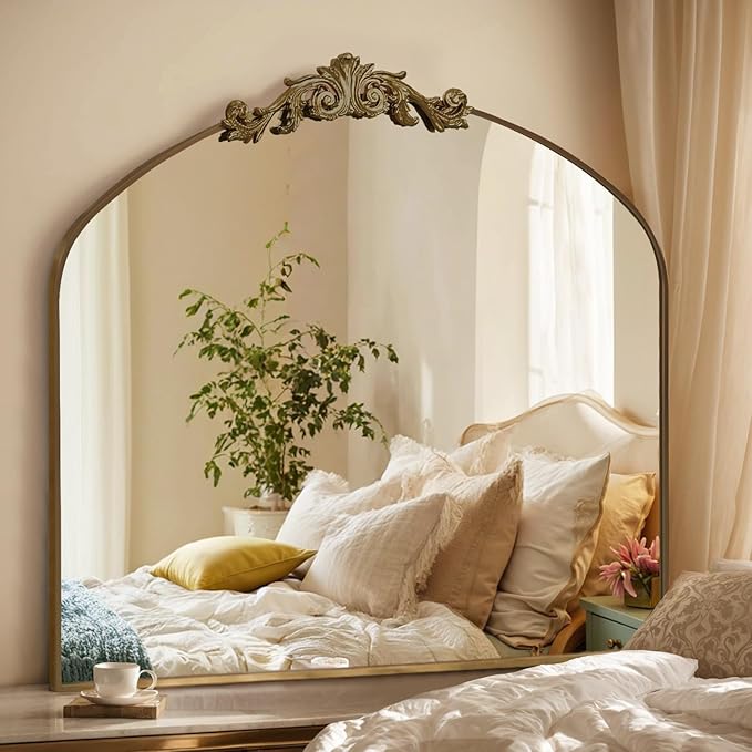 MISSDAY Vintage Arched Baroque Mirror for Wall, 36"X30" Antique Wall Mirror with Elegant Carving Top, Full Metal Frame Wall-Mounted Mirror for Bathroom, Living Room, Fireplace, Entryway, Retro Bronze