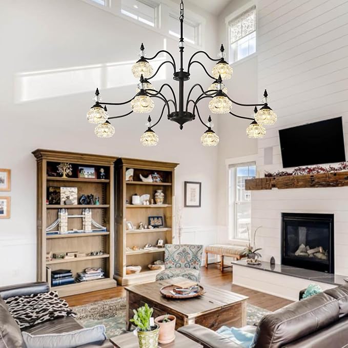 2 Tier Vintage Crystal Chandelier, 41-inch Black Victorian Chandelier 12-Light, Antique Pendant Light for Living Room, Bedroom, Dining Room, High Ceiling, G9