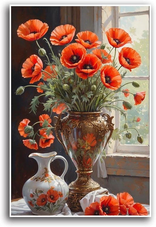 Vibrant orange poppy flowers canvas painting Gold vase White ceramic jug Intricate floral pattern Sunlit window Peeling paint Realistic brushstrokes Rich color palette Botanical wall art decor