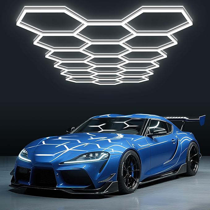 BRILLIHOOD Hexagon Garage Lights, LED Car Detailing Lighting, 568W, 68160LM, 6500K Super Bright, 18 Grid Systems Honeycomb Lights for Garage Warehouse Basement Gym