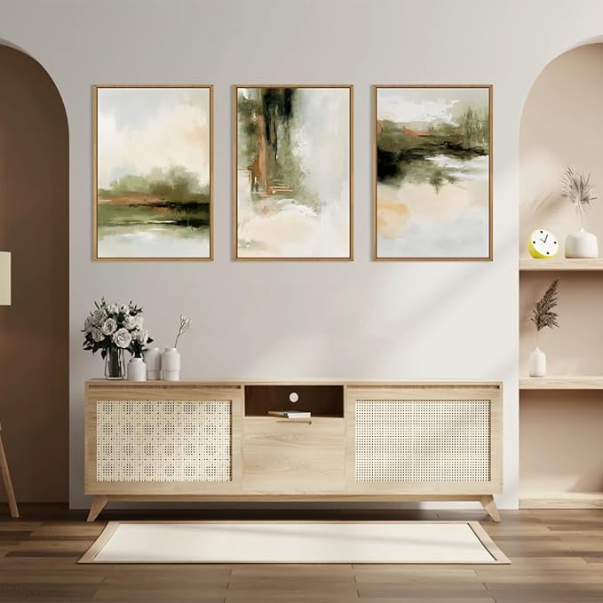 KAIRNE Green Abstract Neutral Framed Canvas Wall Art Set, Modern Watercolor Shapes Wall Decor, Minimalist Pastel Wall Painting, Brown, Gray Tan for Living Room, Bedroom, Office 24x36 Inch