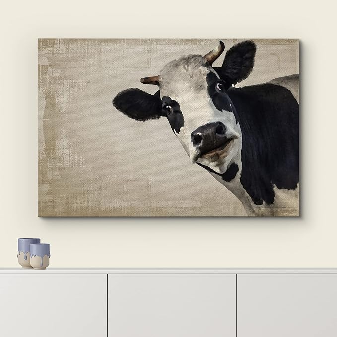 wall26 Canvas Print Wall Art Black & White Cow Portrait on Grunge Background Animals Wildlife Digital Art Realism Rustic Scenic Nature Photography Colorful for Living Room, Bedroom, Office - 16"x24"