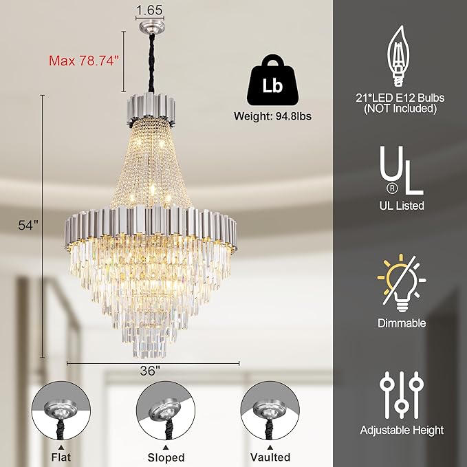 54" Long Crystal Chandelier for High Ceilings, 21-Light Modern Silver Large Chandeliers for Staircase Foyer Entryway Living Room Hallway, Luxury Top K9 Crystal Tiered Ceiling Light Fixture
