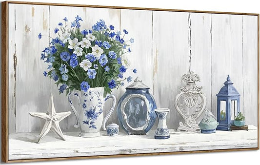 Nicetop Oversized Framed Wall Art for Living Room – Large Floral Canvas Print Blue and White Still Life Artwork Giant Shabby Chic Picture Bedroom Dining Room Office Beach Rustic Country Decor 58x29 Inch