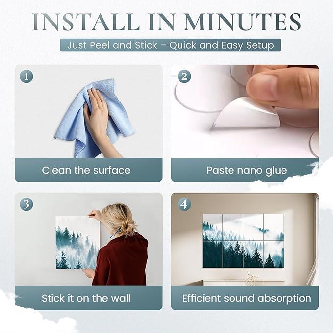 8 Pack Decorative Sound Absorbing Panels, Sound Absorbing Wall Art, 48X32 Inches Acoustic Wall Art for Decoration, Art Acoustic Panels, Acoustic Treatment, Adhesive Included, Misty Forest