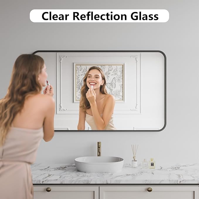 Bathroom Mirror, 30X50 Inch Black Metal Framed Mirror for Bathroom, Tempered Glass, Anti-Rust, Rounded Rectangle Mirror for Restroom, Bedroom, Black
