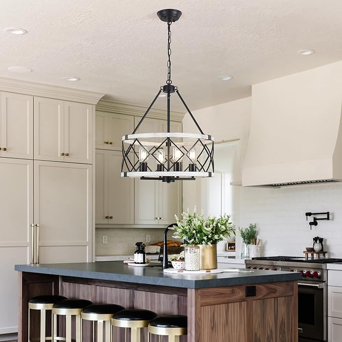 4-light Farmhouse Chandelier for Dining Room 17.7 inch Rustic Drum Chandeliers Adjustable Hanging Pendant Light Fixture for Kitchen Island Entryway Foyer Bedroom Living Room Hallway,Gray & Black,E26
