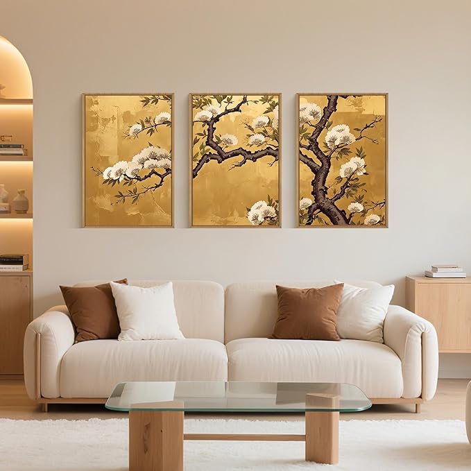 Large Vintage Plum Blossom Framed Canvas Wall Art,Neutral Golden White Floral Wall Decor,Retro Nature Flower Artwork,Modern Neutral Wildflower Art Print for Living Room,Bedroom,Office-16"x24"x3