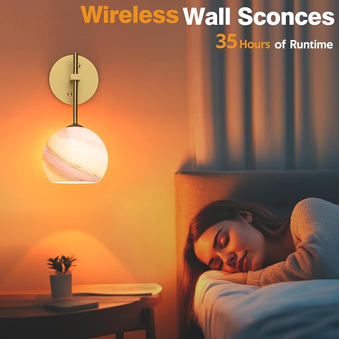 MOITA Wall Sconces Set of Two, Wireless Battery Operated Wall Decor with Remote, Sconces Wall Lighting with Glass Shade, Upward and Downward Installation, 12 RGB Colors and 3 CCT Options