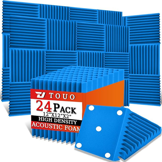 24 Pack Acoustic Panels – Sound Proof Foam Panels for Wall 12"x12"x2", Flame Retardant Wedge Acoustic Foam, High-Density Sound Absorbing Panels for Home Studio(Blue, 2" Thick 24 Pack)