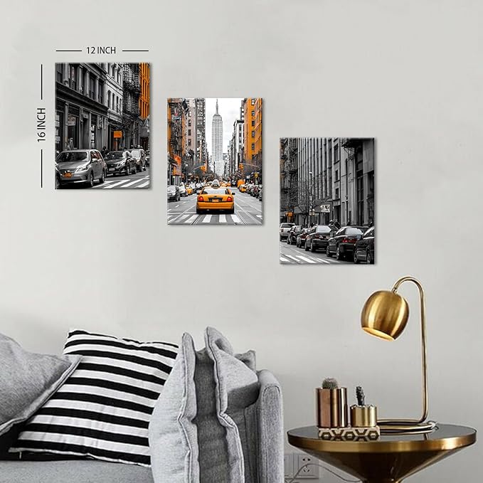 New York City Wall Art Black and White USA Street Poster Urban Yellow Taxi Car Wall Decor Building Picture Modern NYC Scenenry Panorama Artwork for Living Room Bedroom Office Home Decoration 12x16" 3P