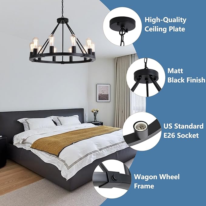 9MMML 10 Lights Wagon Wheel Chandelier, Black Round Globe Wrought Iron Pendant Lights for Dinging&Living Room Kitchen Island Porch Enteyway Hallway,Dia26.4,E26 Bulbs, Heights Adjustable