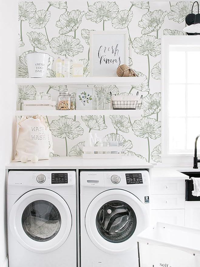 Orainege Floral Peel and Stick Wallpaper Boho Contact Paper Green and White Wallpaper 17.3inx196.8in Self Adhesive Removable Decorative Wall Paper for Bedroom Bathroom Cabinets Decor Vinyl