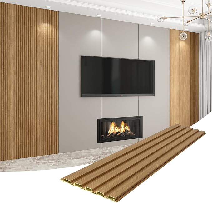 8-Pack WPC Wall Panels 118’’ x 6.3’’ 3D Slat Wall Panel Acoustic Wall Paneling for Interior Wall Decor TV Background Kitchen Bedroom Oak