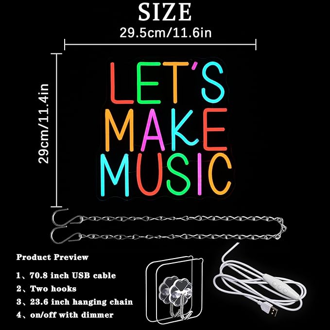 Let's Make Music Neon Sign Music Neon Light for Wall Decor Colorful Letter Led Neon Signs Classoom Led Neon Lights for Recording Studio Decoration