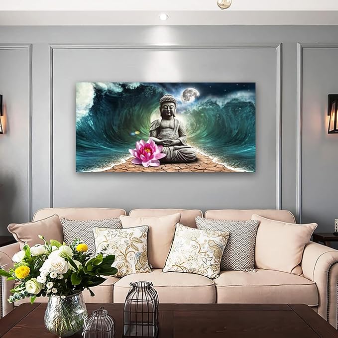 Canvas Wall Art Buddha Pictures Home Decor Grey Zen in The Background of Moon and Waves Poster Prints Painting for Living Room Bedroom Bathroom Kitchen Office Decoration Hindu Artwork 20x40 Inches