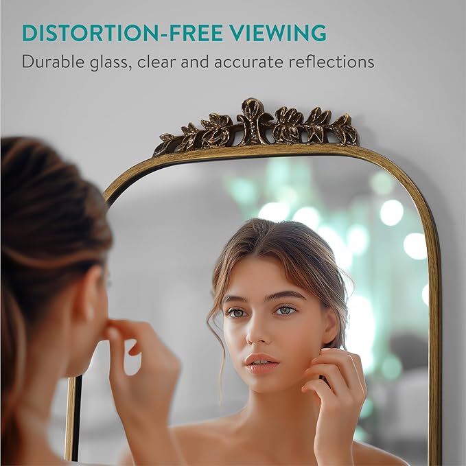 Navaris Vintage Mirror - Decorative Gold Antique Mirror - Large Brass Arched Mirrors - French Mirrors for Bathroom Wall Above Mantel or Fireplace - Ornate Baroque Victorian Style