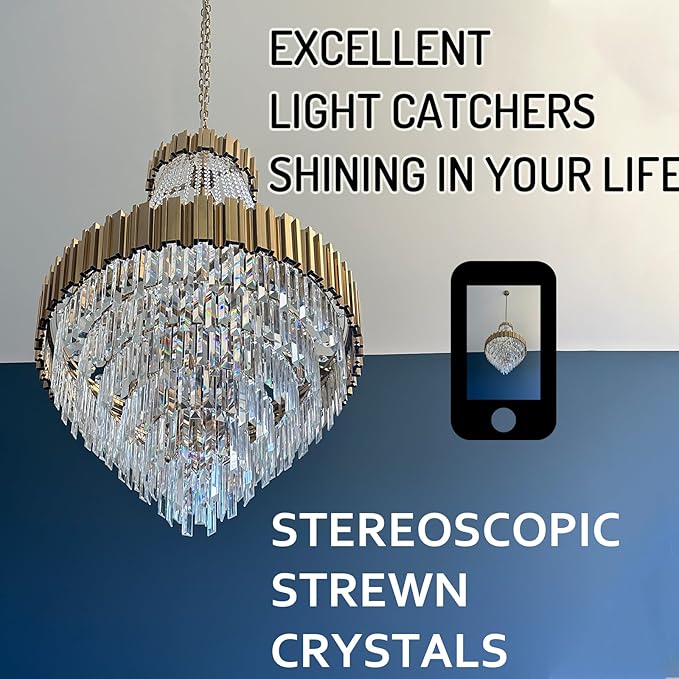 Luxury Gold Crystal Chandelier for High Ceilings, 30" Large Foyer Lighting Fixture with 5-Tier K9 Crystal Cascade, Elegant Entryway Pendant for Two-Story Homes