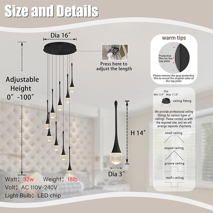 9-Lights Black Pendant Chandliers 100'' High Staircase Ceiling Chandeliers Crystal Bubble Raindrop Lighting Chandelier Ceiling Living Room Dimmable 2700-6000k LED Dining Lighting