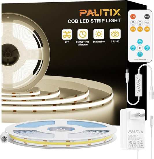 PAUTIX COB LED Strip Light 32.8ft,Engineering Level UL Listed Natural White 4000K,CRI93+ Super Bright High Lumen,Dimmable 24V Flexible LED Tape Light with RF Remote,for Home&Office Decor DIY Lighting