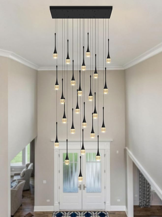 24-Lights Rectangular Chandelier Crystal Raindrop Chandeliers Flush Mount Ceiling Light for Dining Room Living Room High Ceiling Chandelier for Staircase Foyer Entryway Black Chandeliers