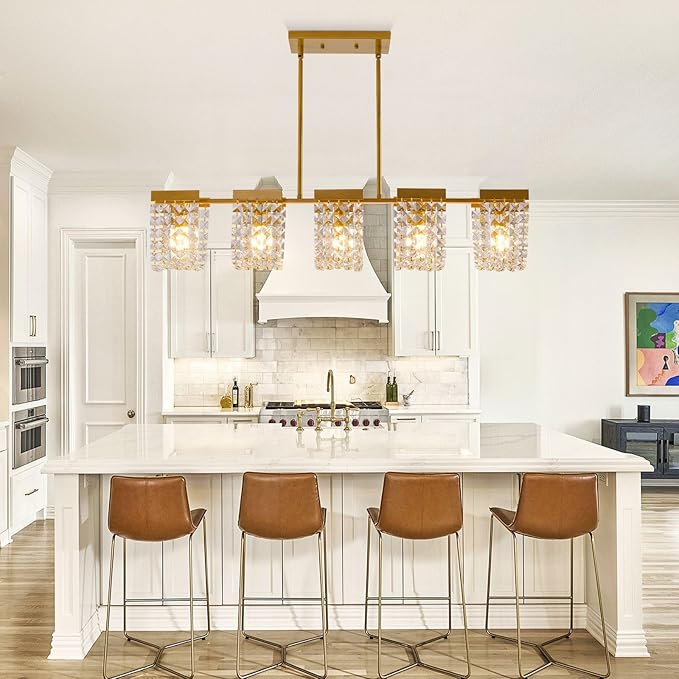 36" Gold Chandelier, 5-Light Crystal Chandeliers for Dining Room, Modern Dining Room Light Fixture, Farmhouse Kitchen Island Lighting, Vintage Hanging Pendant Lights, Dining Chandelier Over Table
