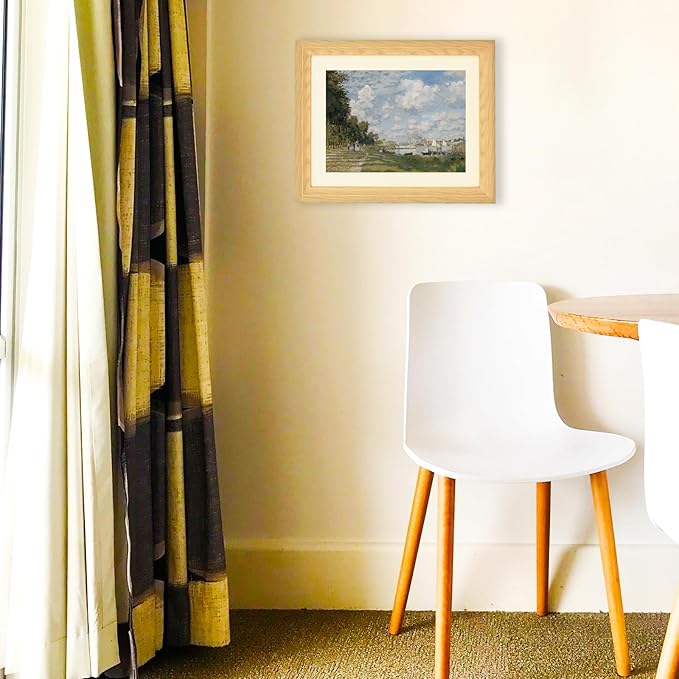 Brivoria Framed Canvas Wall Art Vintage Decor, Impressionist Riverside Print with Autumn Sky, Sailboats, and Tree-Lined Path for Entryway Hallway Reading Nook Bathroom or Office Display, 13"x16"