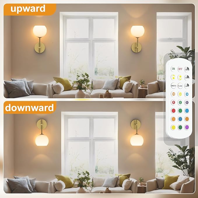 MOITA Wall Sconces Set of Two, Wireless Battery Operated Wall Decor with Remote, Sconces Wall Lighting with Glass Shade, Upward and Downward Installation, 12 RGB Colors and 3 CCT Options