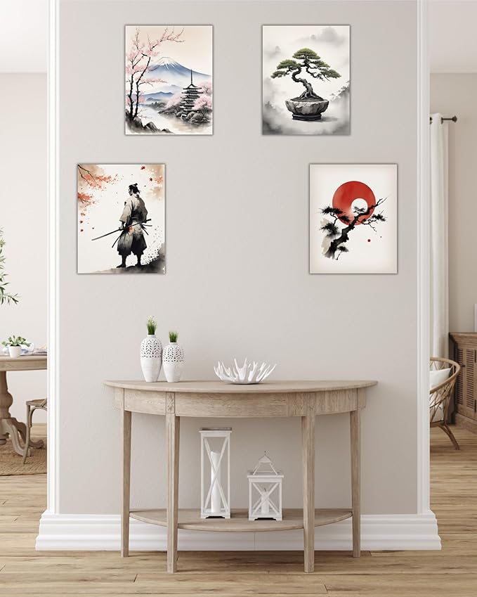 Japanese Wall Art Set of 4 – Samurai, Rising Sun, Bonsai Tree & Mount Fuji Prints – 8x10 inch Unframed, Modern Minimalist Asian Oriental Decor for Living Room