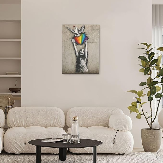 Banksy Street Graffiti Wall Art Rainbow Canvas Wall Decor Love And Peace Pictures Paintings Prints Artwork Framed Modern Decorations For Bedroom Bathroom Office Living Room Gifts 12" x 16"