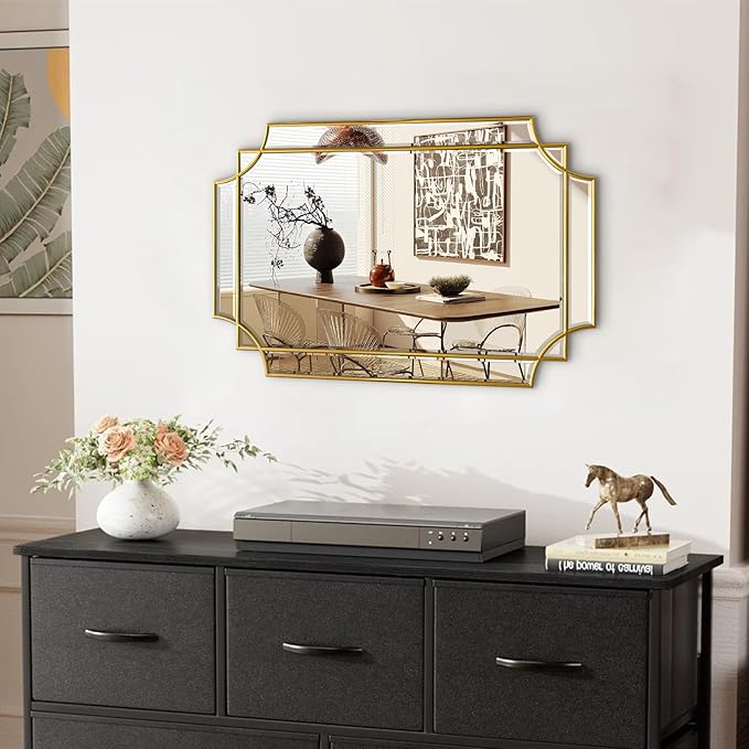 30x20 Inch Gold Bathroom Mirror, Wooden Frame with Scalloped Polished Beveled Glass, Modern Art Wall Decor for Vanity, Irregular Rectangle Mirror for Bedroom, Living Room, Fireplace & Entryway