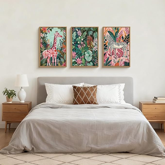 Aryroi Large Jungle Giraffe and Zebra Framed Canvas Wall Art,Modern Safari Wild Animal Wall Decor,Tropical Nature Wildlife Artwork,Boho Botanical Art Print for Living Room,Bedroom,Office-16 x24 x3