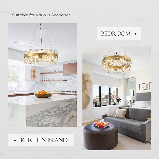 21.7" Gold Modern Crystal Chandelier Light Fixtures Luxury 2 Rings Crystal Chandeliers for Dining Room 12-Light Round Hanging Pendant Lighting for Living Room Kitchen Island Entryway Bedroom