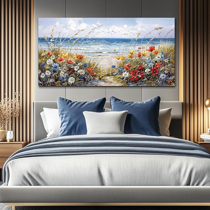 MHARTK66 Wall Decor For Living Room Large Canvas Wall Art Flowers Farmhouse Bedroom Wall Painting Office Blue Watercolor Print Nature Ocean Poster Modern Home Decorations Frames Artwork Easy Hanging