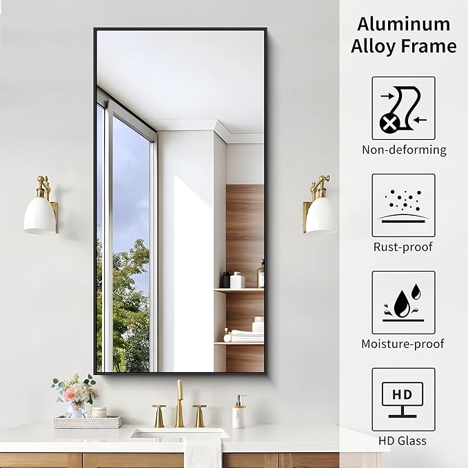 KOCUUY Black Bathroom Mirror, 24x48 Inch Rectangle Mirror for Over Sink, Modern Decorative Wall Mirror for Bedroom Living Room Bathroom, Hang Horizontal/Vertical