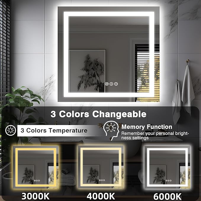 36"x36" Square LED Bathroom Mirror - Front & Backlit, Anti-Fog Vanity Mirror with Stepless Dimmable Lights, 3 Color Smart Mirror (Horizontal/Vertical)