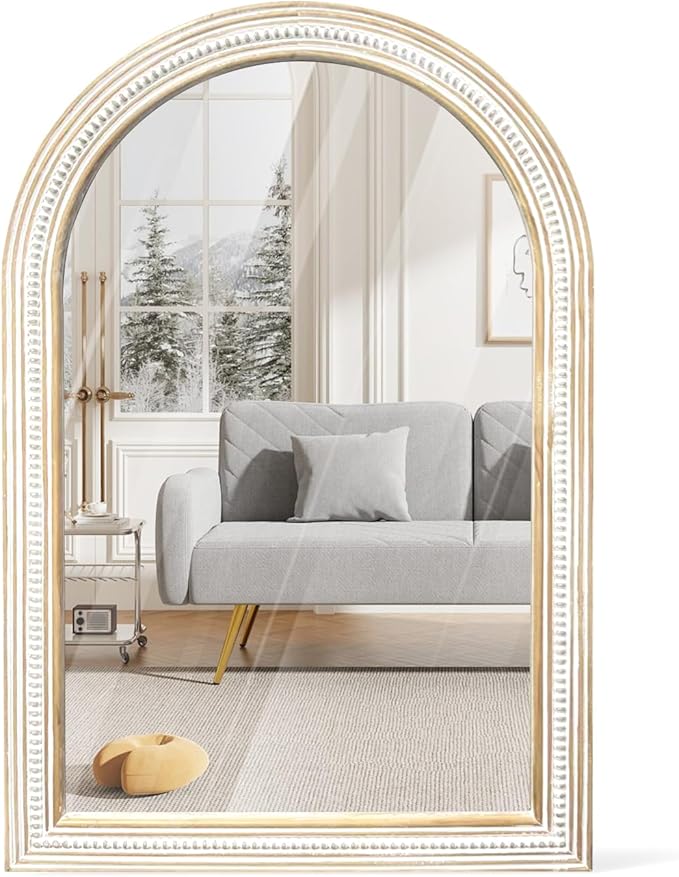 36x24 Inches Farmhouse Wooden Arched Wall Mirrors, Boho Decorative Arch Mirrors for Bathroom Over Sink, Living Room, Hallway, Foyer, Entryway