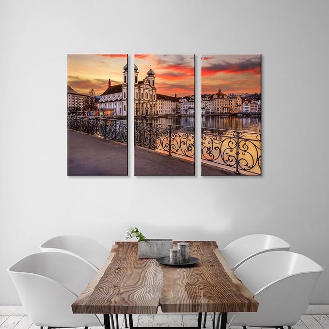 3Pcs European Cityscape Canvas Wall Art Scenic Sunset Over River Cathedral with Domes Lucerne-Inspired Architecture Romantic Travel Destination Decorative Framed Artwork for Living Rooms Bedrooms