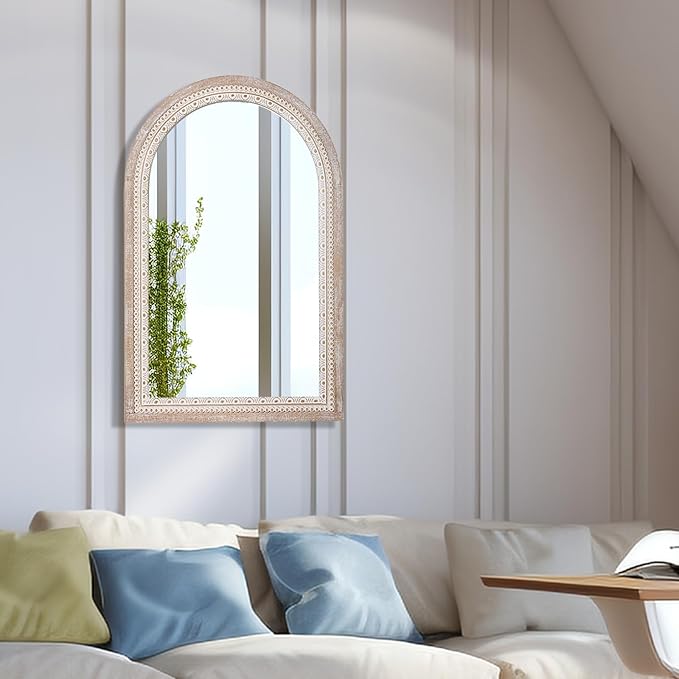 36x24'' Farmhouse Arched Decorative Wall Mirror, Farmhouse Wooden Mirrors with Beaded for Living Room, Hallway, Bathroom, Entryway - Vertical/Horizontal