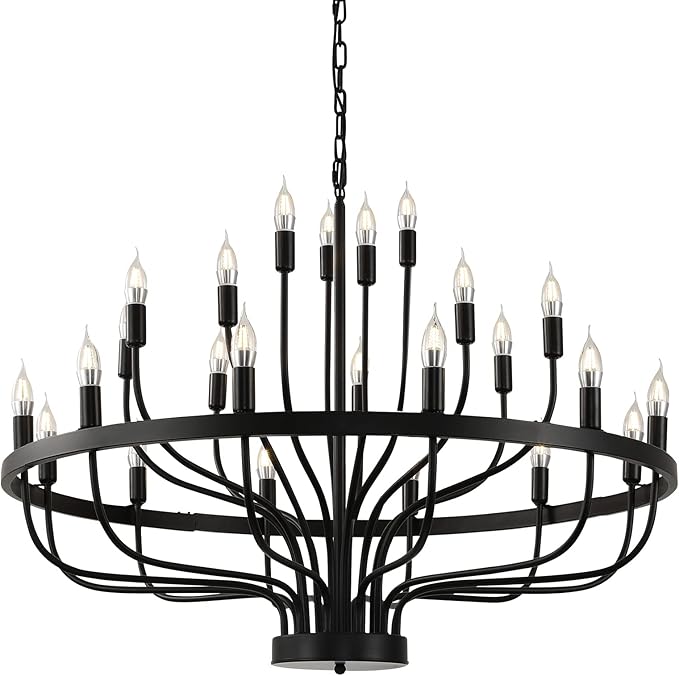 Black Chandelier 24 Light, Modern Farmhouse Chandelier for Dining Room, Round Industrial Candle Chandeliers Light, Wagon Wheel Chandelier 39in 3-Tier for Hallway, Living Room, Foyer, Island Lights