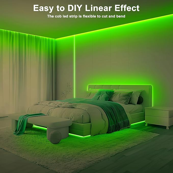 32.8ft Green COB Led Strip Lights with RF Remote, Dotless, Indoor, Dimmable, Adhesive Led COB Light Strip for Cabinet, Room, Bed, Paintings