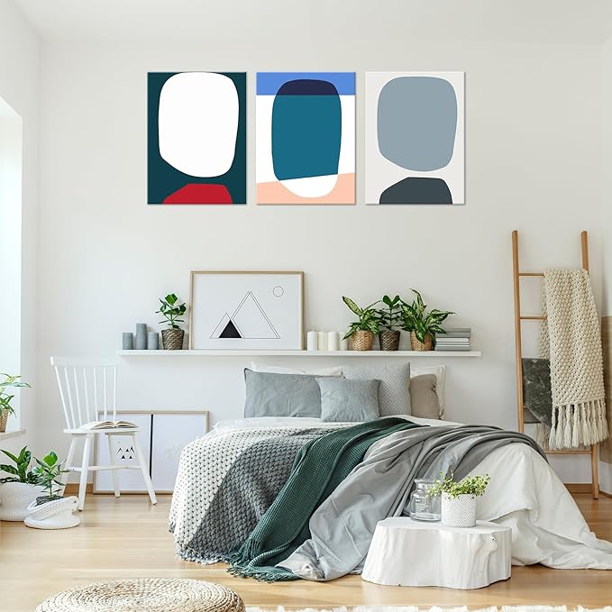 ouiytws Color block simple abstract wall art canvas prints, blue, white, pink of modern simple style, mostly used in the living room, study, bedroom decoration. Frame 16 X 24 in X 3 pieces