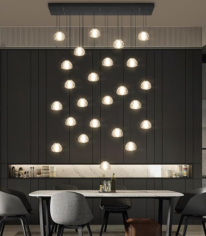 24-Lights Modern Rectangular Crystal Chandelier LED Raindrop Ceiling Pendant Light Crystal Lighting Fixture for Living Room Hotel Staircase Hallway Foyer Entryway Bedroom Black