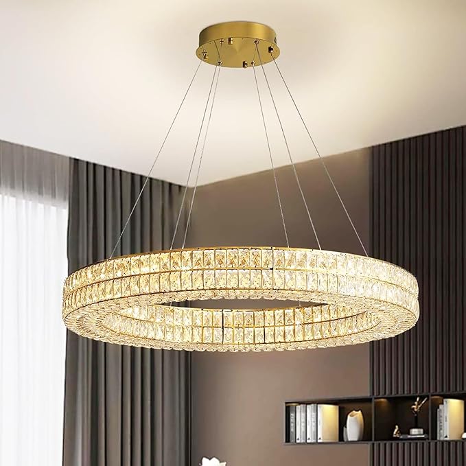 Led Ring Crystal Chandelier for Living Room, Modern Dimmable Chandeliers Lighting and Hanging Adjustable, LED Round Ceiling Chandelier for Dining Room (40inch,Gold)
