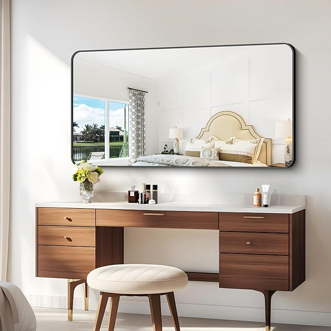 BONEWEI 30x60 inch Bathroom Mirror,Black Rectangle Mirror,Wall Mounted Bathroom Frame Vanity Mirror with Round Corner for Bedroom Living Room, Entryway Hangs Horizontal or Vertical