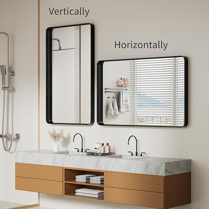 Koonmi Black Wall Mirror for Bathroom, 30x48 Inch Matte Deep Framed Rounded Rectangle Vanity Mirror for Farmhouse Living Room, Tempered Glass, Anti-Rust, Vertically or Horizontally
