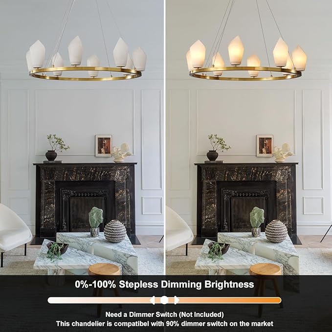 Alabaster Chandelier, 31.5" 8-Light Large Round Chandeliers for Living Room with Bulb, Wagon Wheel Chandelier for Entryway, Farmhouse Chandeliers for Bedroom, Gold Foyer Lighting Fixtures