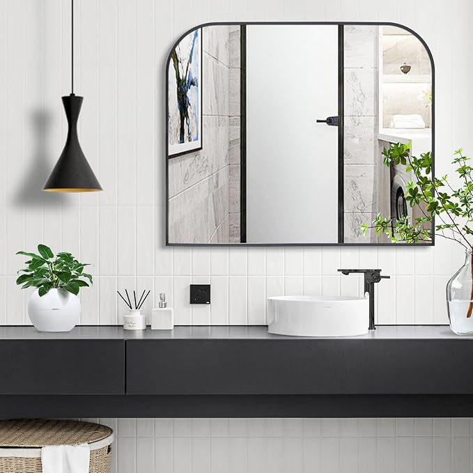 Modern Large Wall Mirror, Modern Mantel Minimalist Home Decor, Brushed Black Metal Framed Arched Mirror for Living Room, Bedroom, Fireplace, Mantle, Entryway, Bathroom, 48" x 30", Black