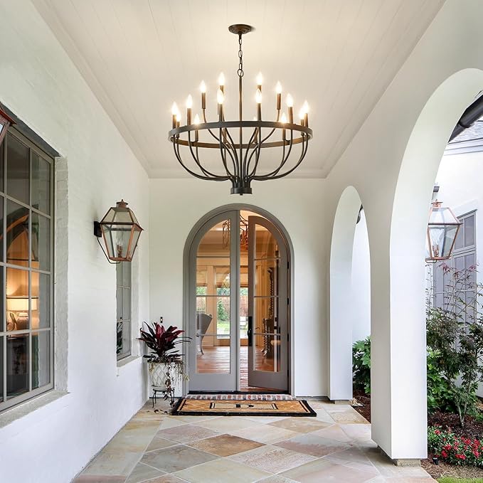 Black Farmhouse Chandelier 32-Inch, 18-Light Dining Room Chandelier, Modern Industrial Candle Chandeliers for Living Room Entryway Foyer E12