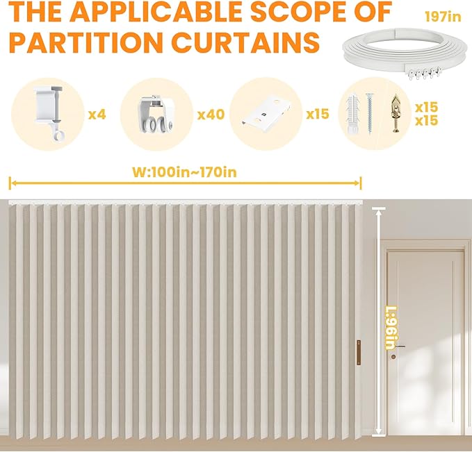 100% Blackout Room Divider Curtains - Total Privacy Curtain Panel, Thermal Insulated Noise Reduction Curtain for Bedroom Windows,Include Ceiling Curtains Track(Cream White, W180 x L96, 1 Pack)